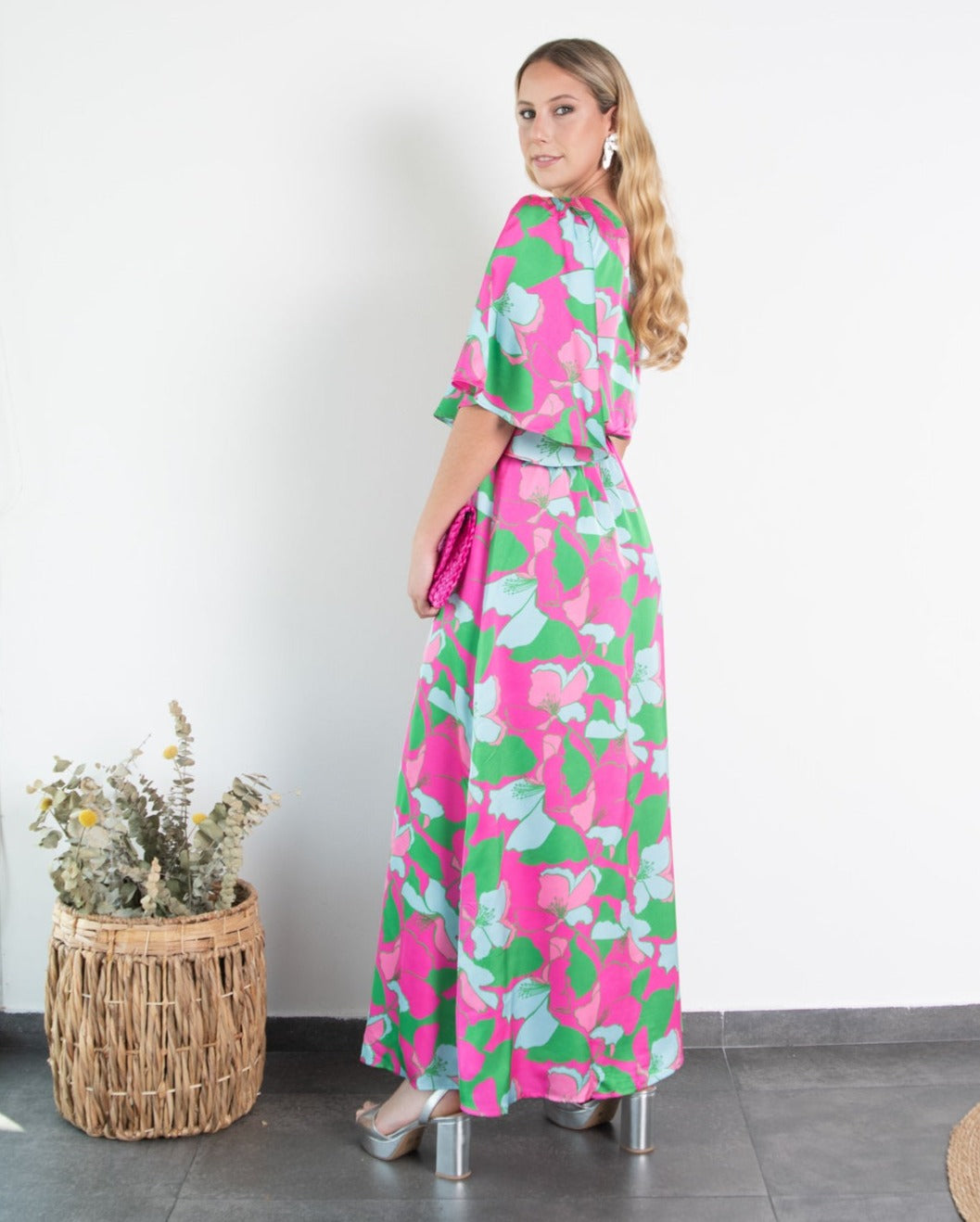 Vestido Largo de Fiesta Adara un Hombro Estampado Verde/Fucsia