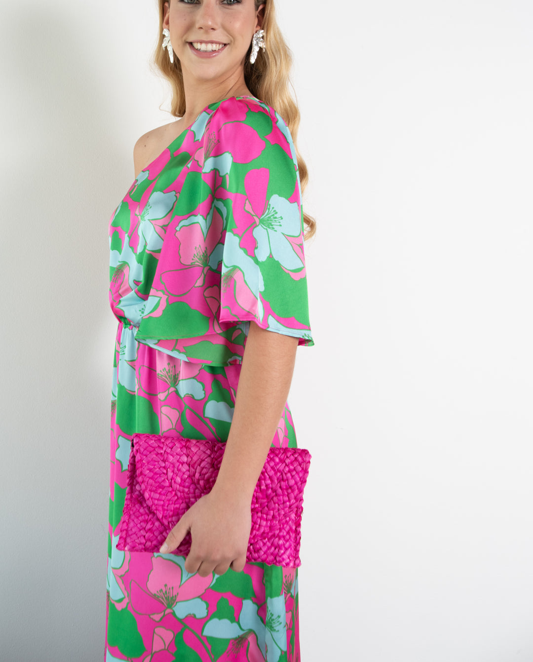 Vestido Largo de Fiesta Adara un Hombro Estampado Verde/Fucsia
