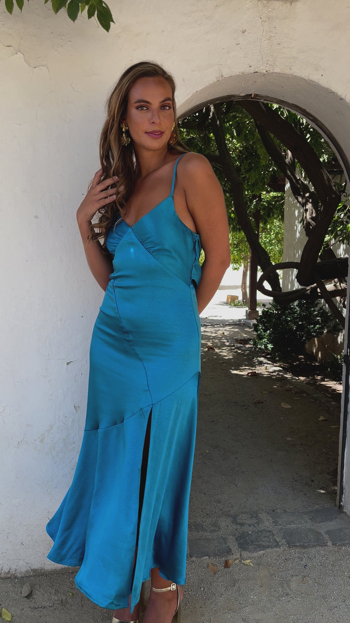 Vestido Largo de Fiesta Manuela Satin Turquesa