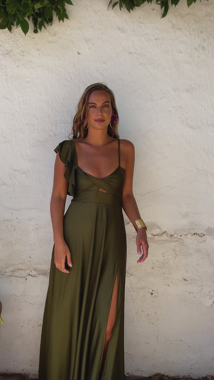 Vestido de Fiesta Sole un Hombro Verde Olivo