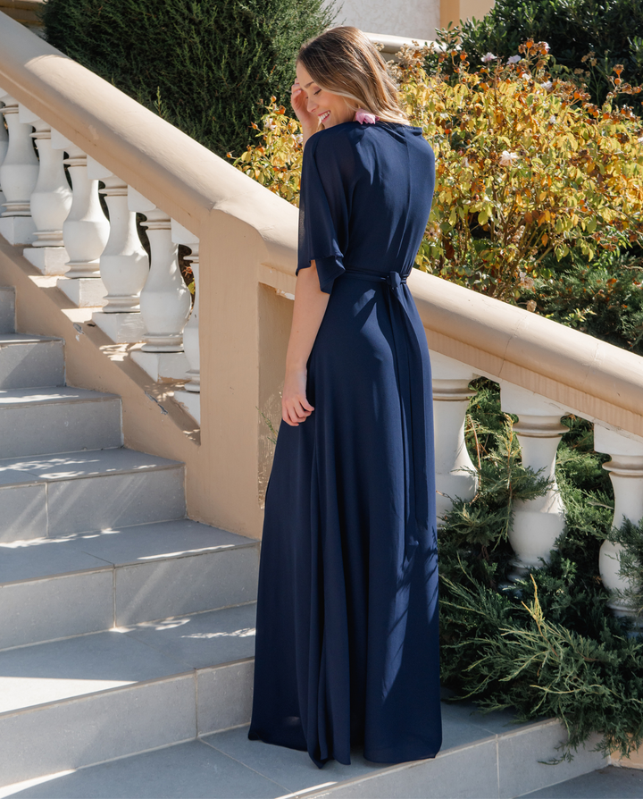 Vestido Largo de Fiesta Leandra Gasa Azul Oscuro