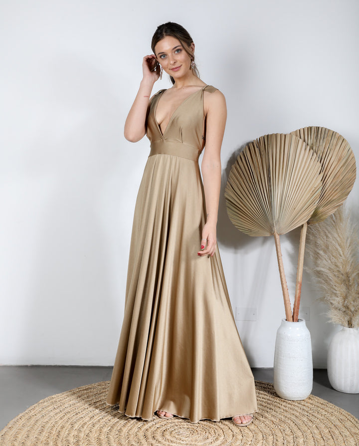 VESTIDO DE FIESTA LARGO ISIDORA DORADO OSCURO