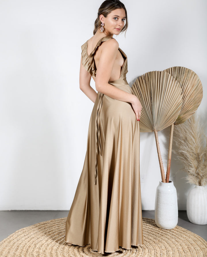 VESTIDO DE FIESTA LARGO ISIDORA DORADO OSCURO