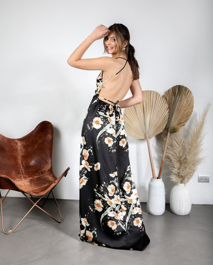 Vestido De Fiesta Largo Jacinta Estampado Negro Flores Nude