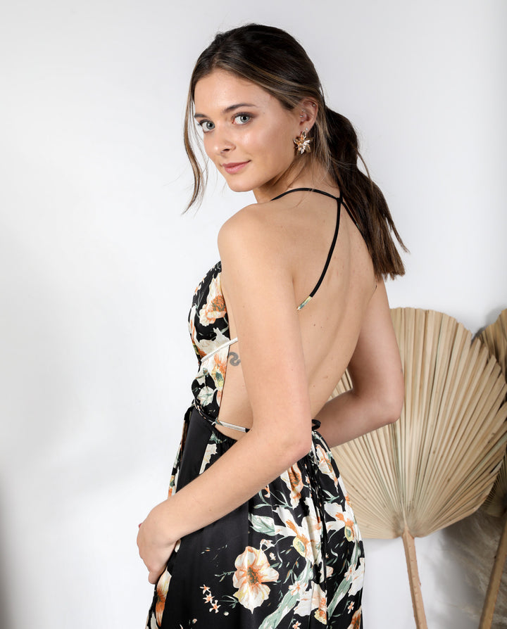 Vestido De Fiesta Largo Jacinta Estampado Negro Flores Nude