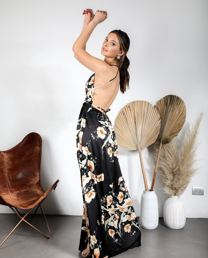 Vestido De Fiesta Largo Jacinta Estampado Negro Flores Nude