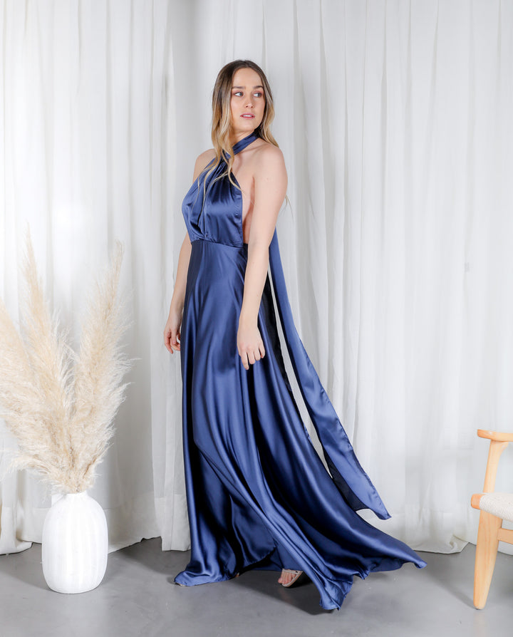 VESTIDO DE FIESTA LARGO MULTI SATIN AZUL OSCURO