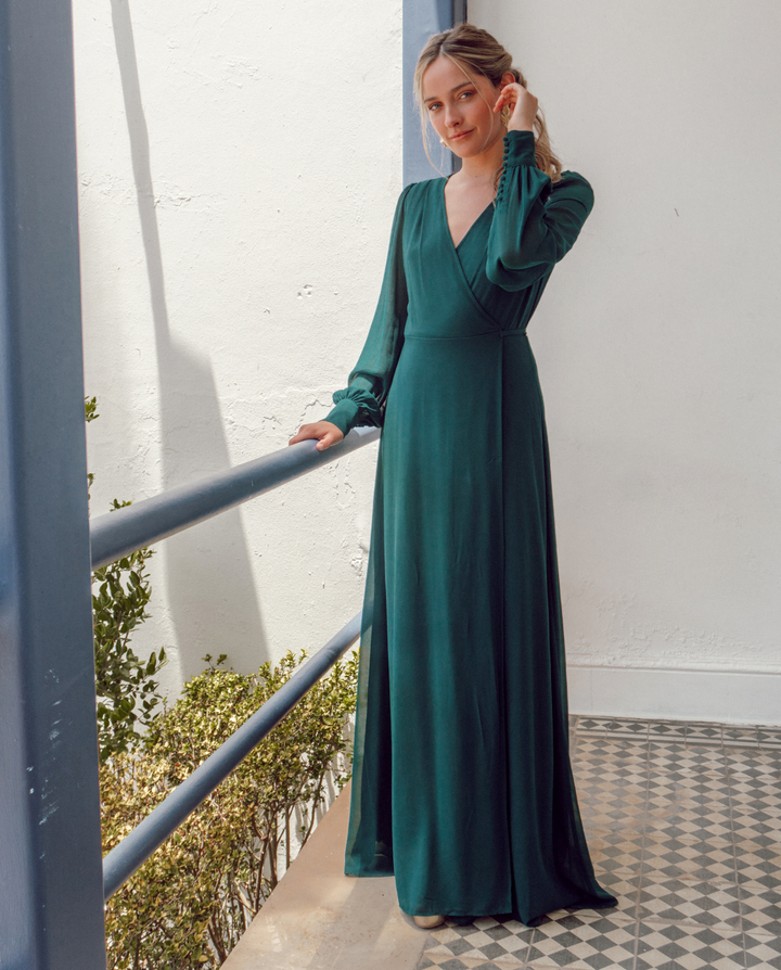 Vestido Largo Jacinta Manga Larga Verde