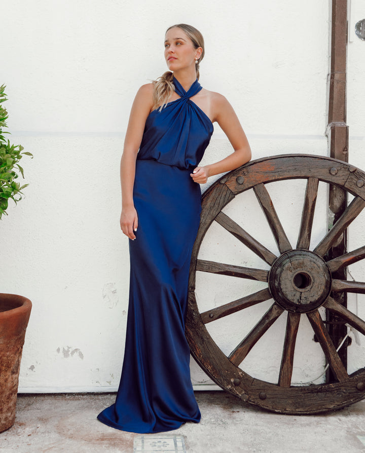 Vestido Largo de Fiesta Sofía Halter Azul