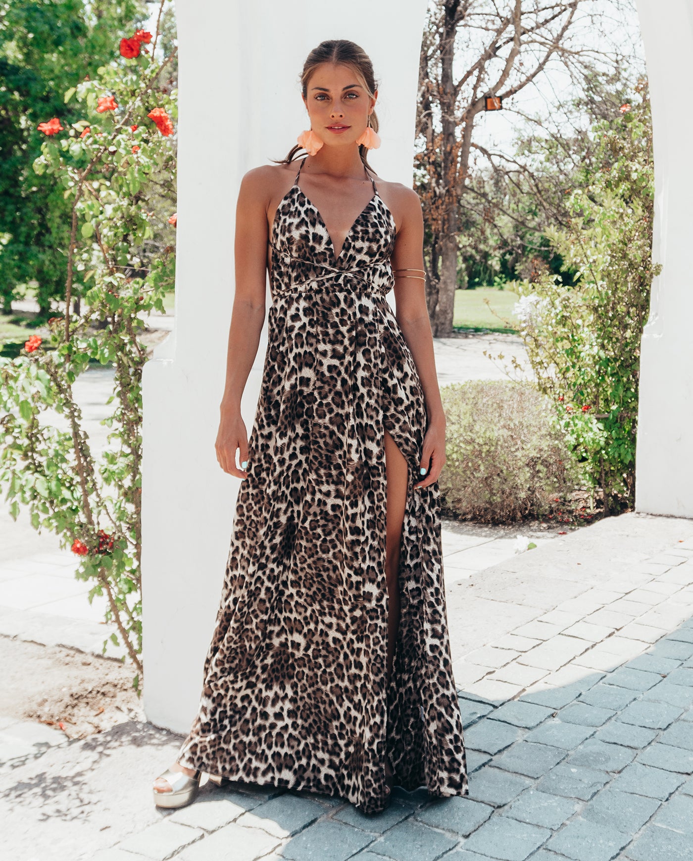 Vestido Largo De Fiesta Jacinta Estampado Leopardo Cafe – MI PLACARD