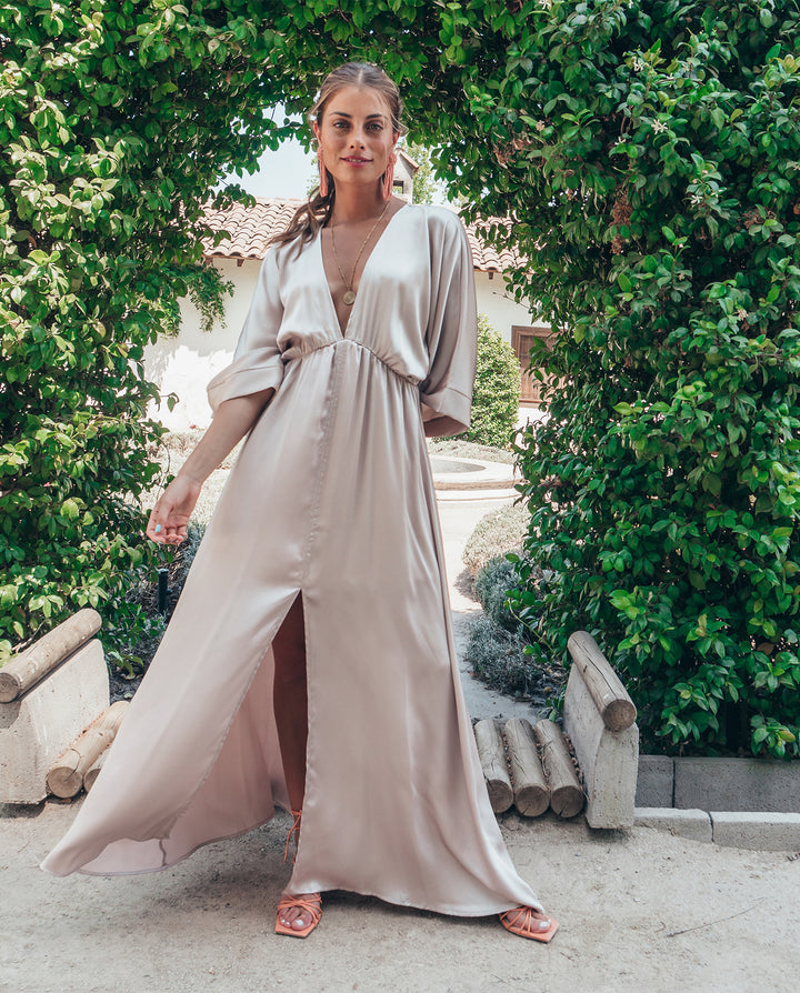 VESTIDO DE FIESTA LARGO POLA SATIN CHAMPAGNE