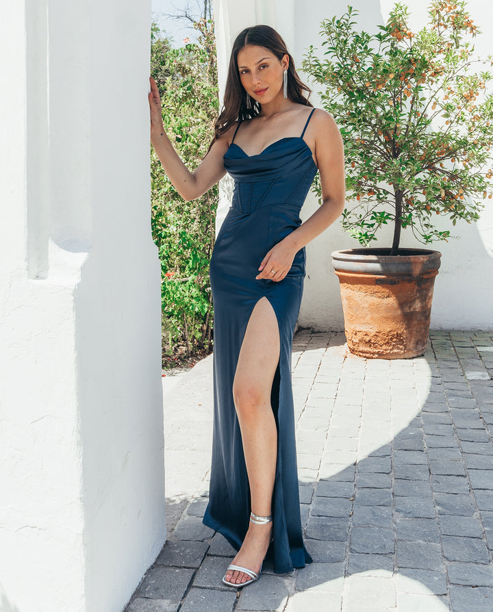 VESTIDO LARGO DE FIESTA CORSET TURQUESA