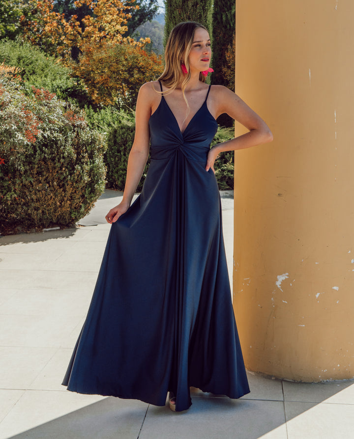 Vestido Largo de Fiesta Nudo Azul Oscuro