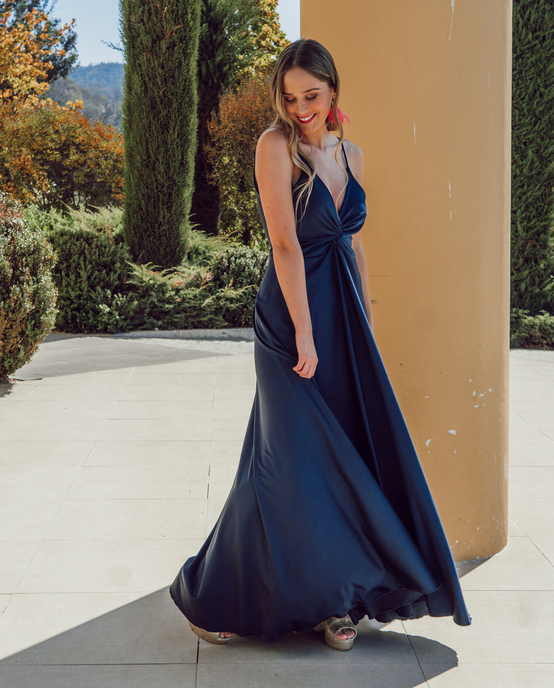 Vestido Largo de Fiesta Nudo Azul Oscuro