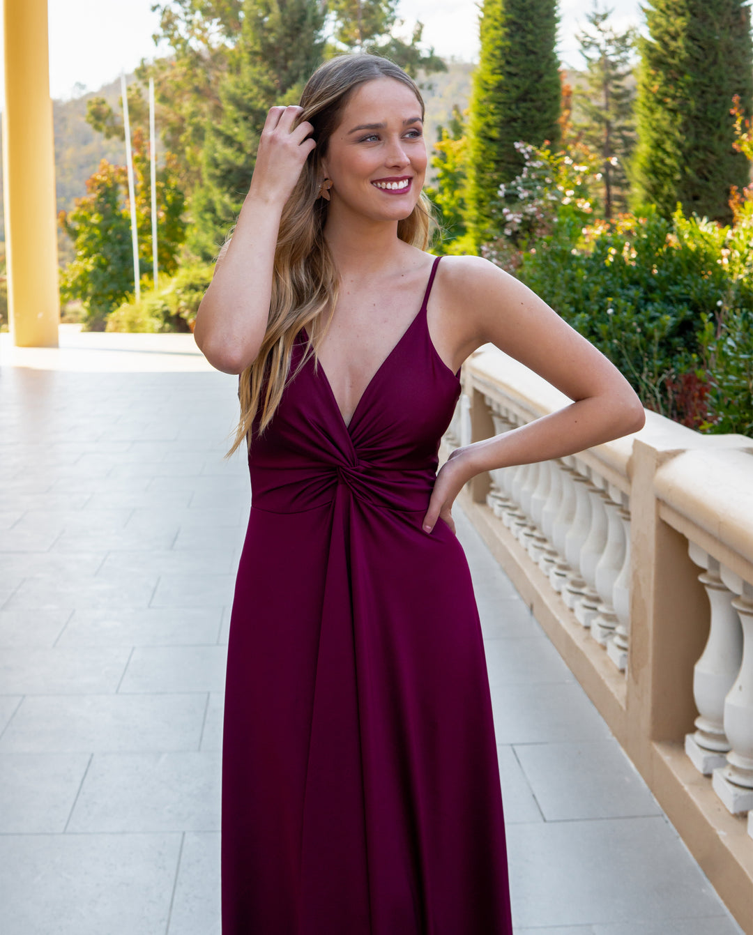 Vestido Largo de Fiesta Nudo Burdeo