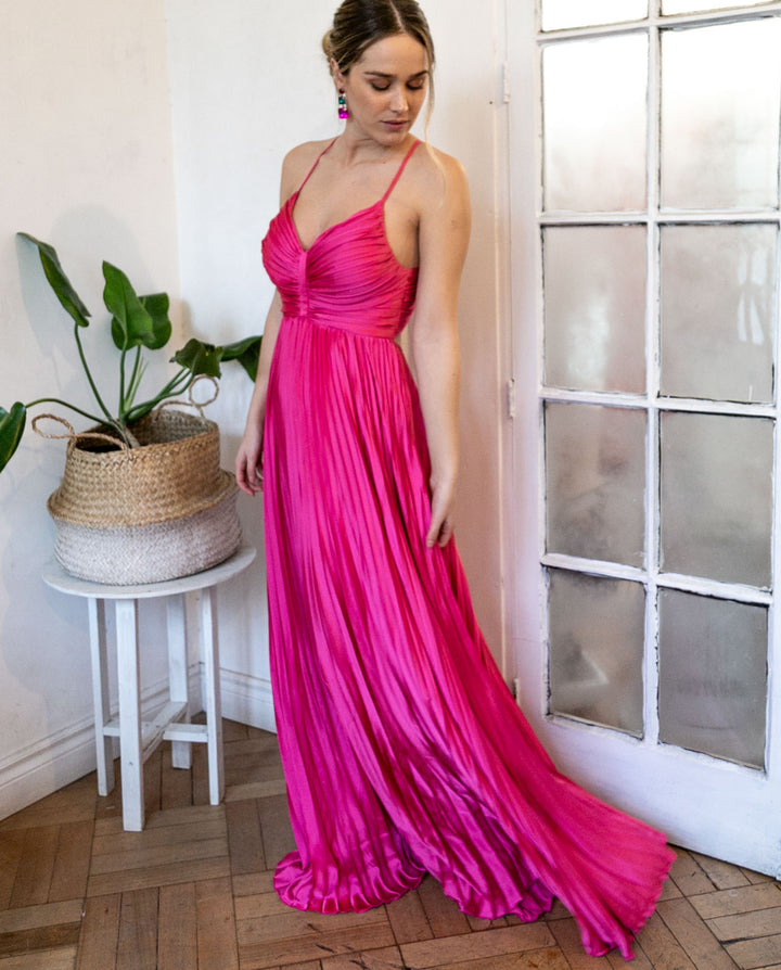 VESTIDO DE FIESTA LARGO MACA FUCSIA