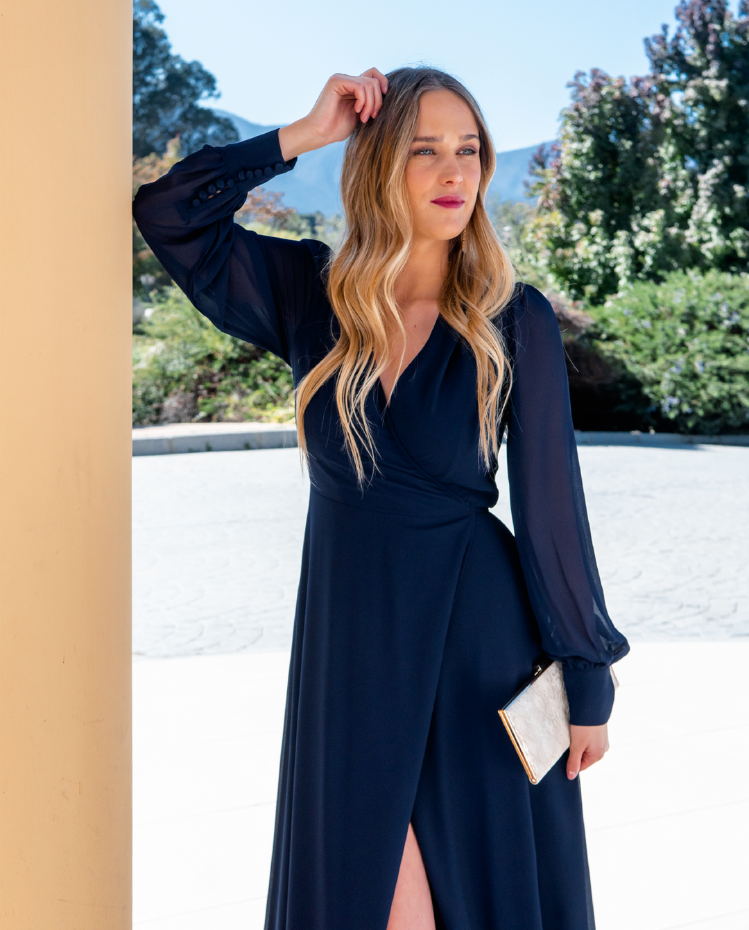 Vestido Largo Jacinta Manga Larga Azul Oscuro