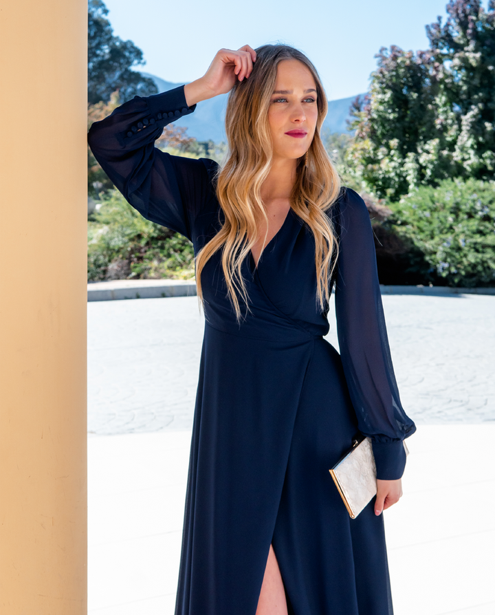 Vestido Largo Jacinta Manga Larga Azul Oscuro