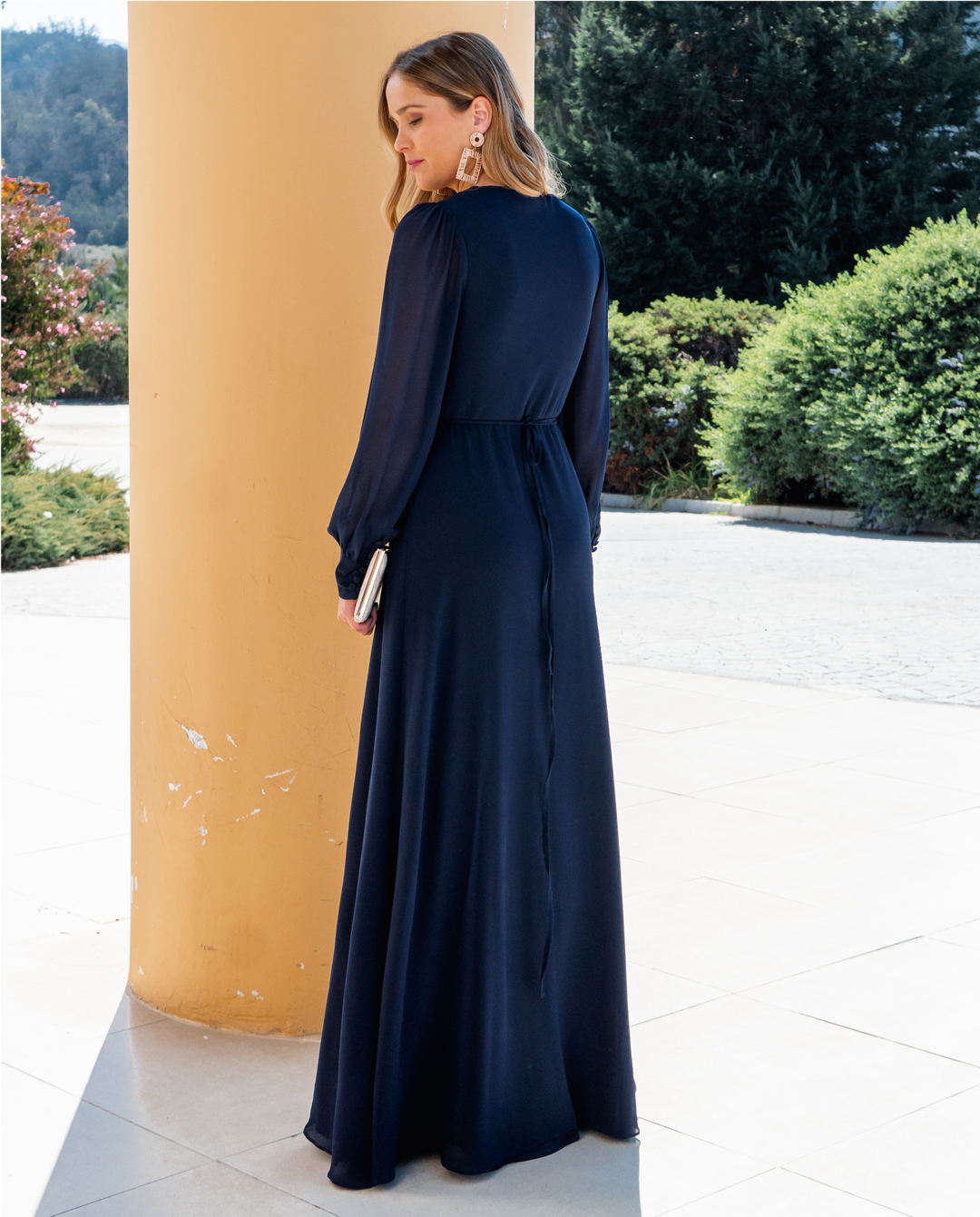 Vestido Largo Jacinta Manga Larga Azul Oscuro
