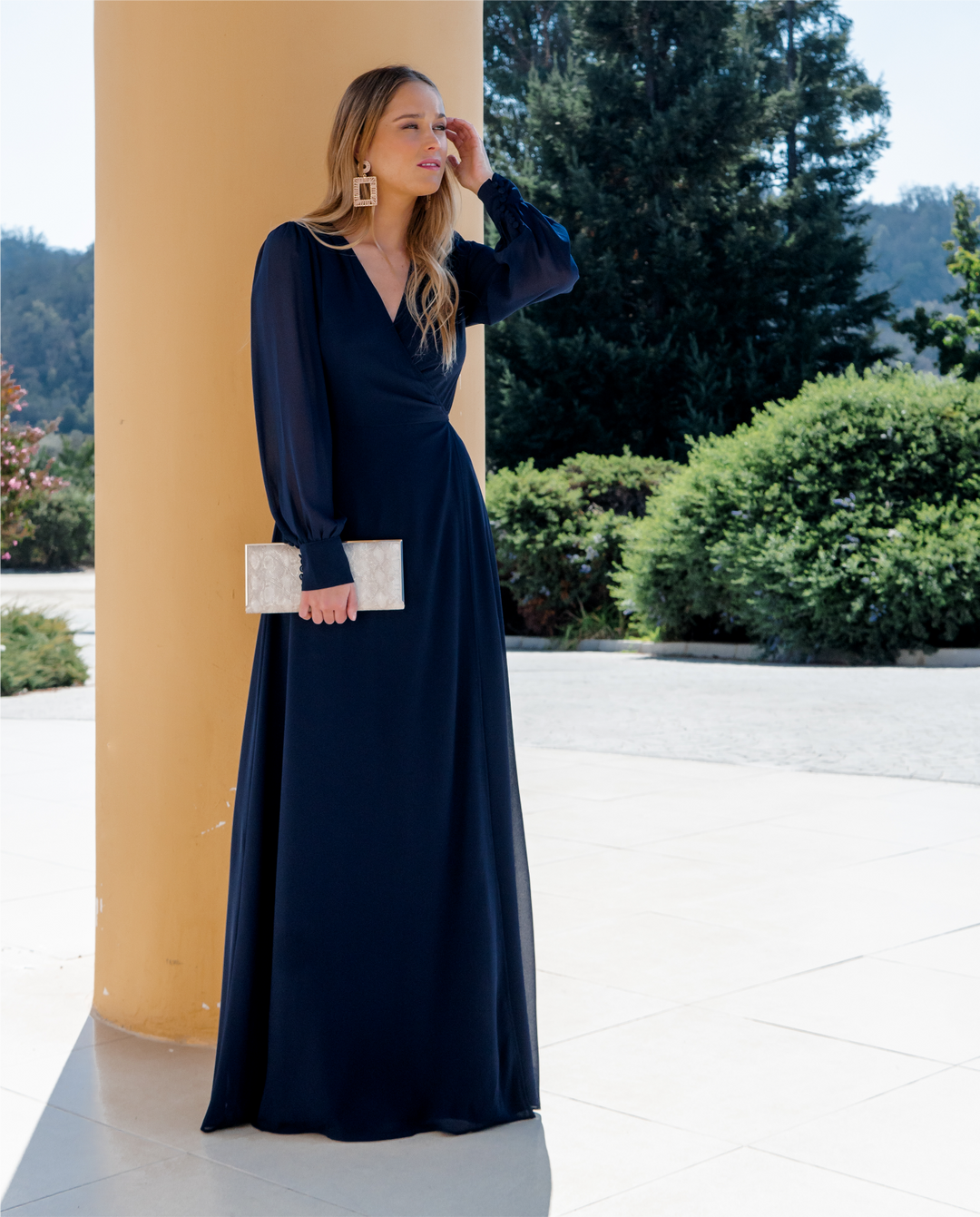 Vestido Largo Jacinta Manga Larga Azul Oscuro