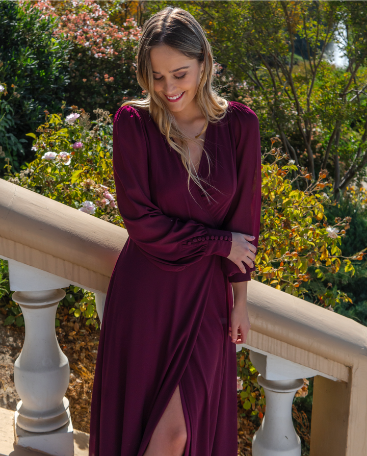 Vestido Largo De Fiesta Jacinta Manga Larga Burdeo
