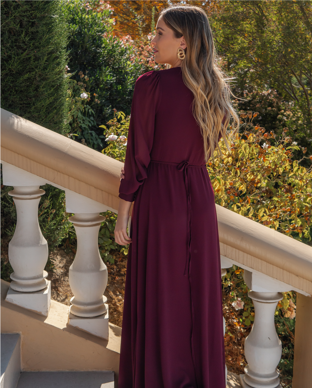 Vestido Largo De Fiesta Jacinta Manga Larga Burdeo