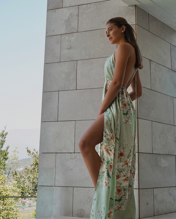 Vestido Largo De Fiesta Jacinta Estampado Fondo Menta