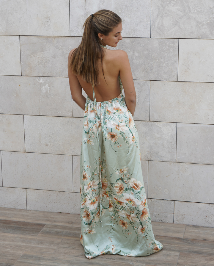 Vestido Largo De Fiesta Jacinta Estampado Fondo Menta