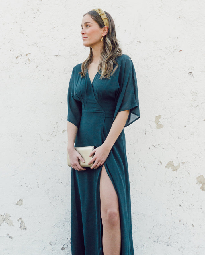 Vestido Largo de Fiesta Leandra Gasa Verde Oscuro