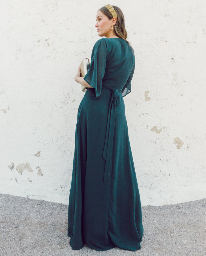 Vestido Largo de Fiesta Leandra Gasa Verde Oscuro