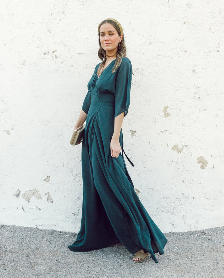 Vestido Largo de Fiesta Leandra Gasa Verde Oscuro