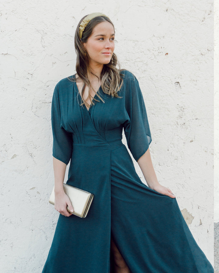Vestido Largo de Fiesta Leandra Gasa Verde Oscuro