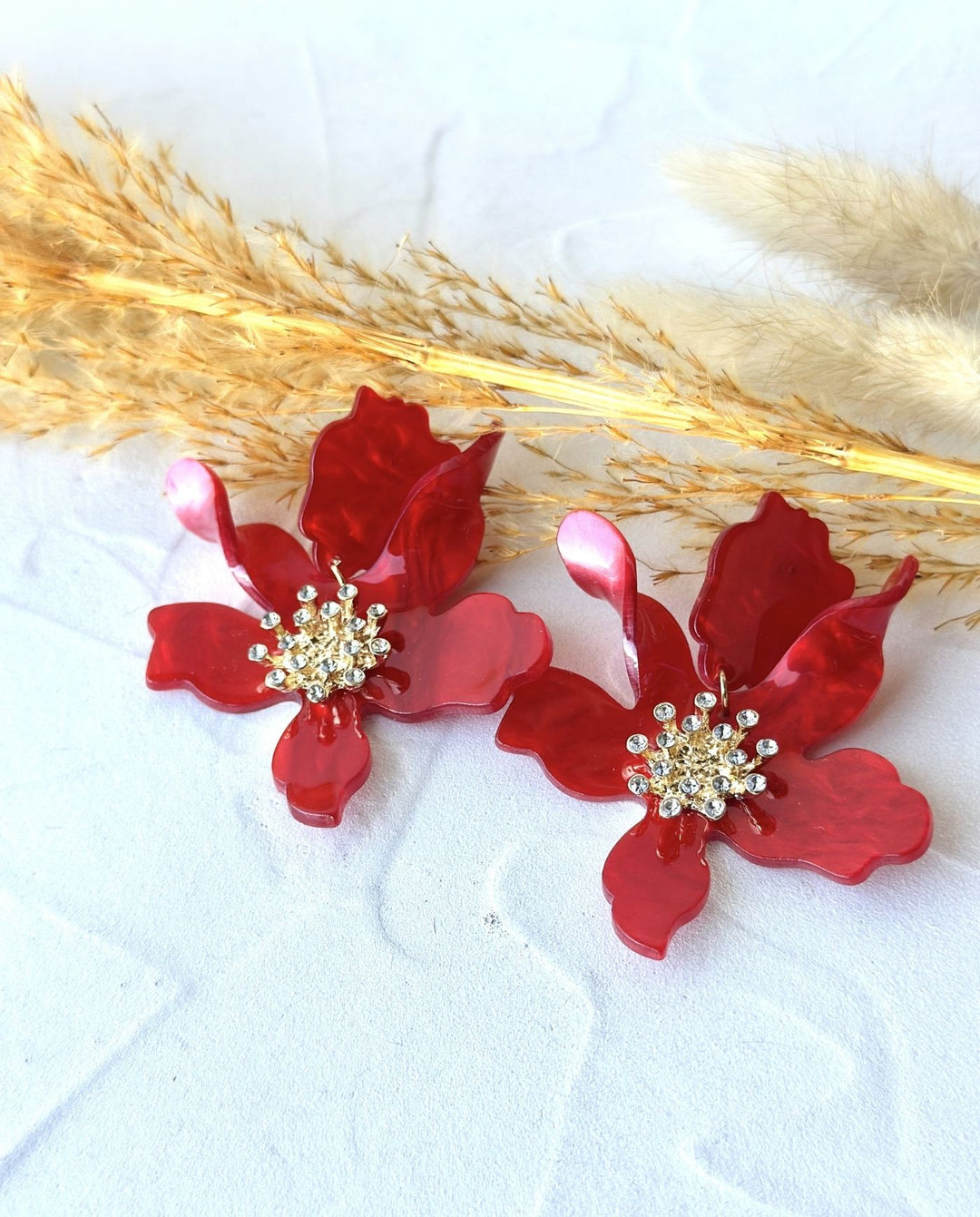 Aros Maxi Flor y Brillos Rojo