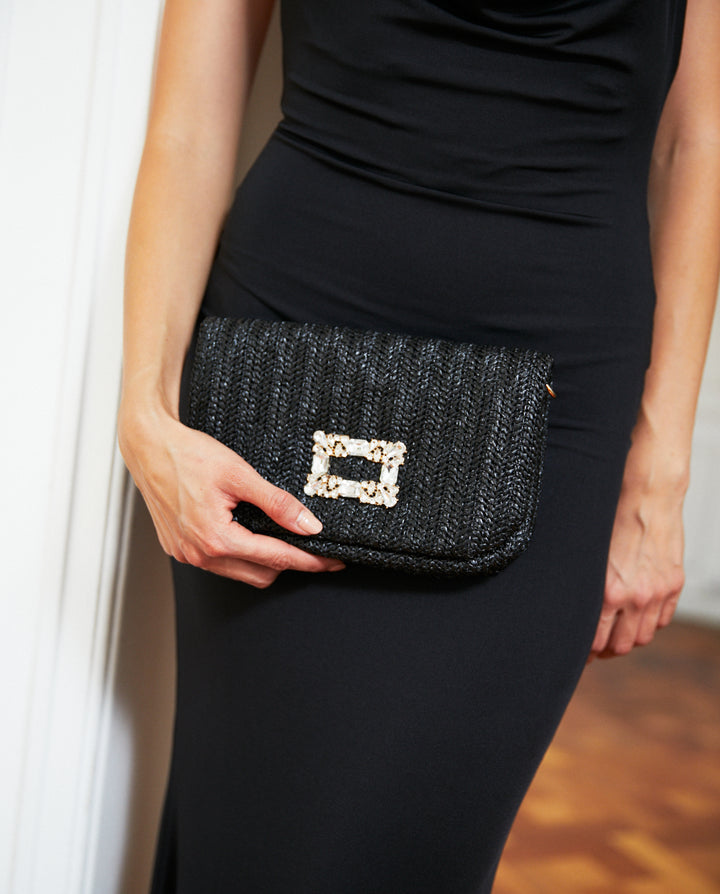 Clutch Olivia Rafia Con Aplicación Piedras Negro