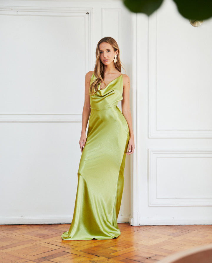 Vestido Largo de Fiesta Dominga Verde Limón