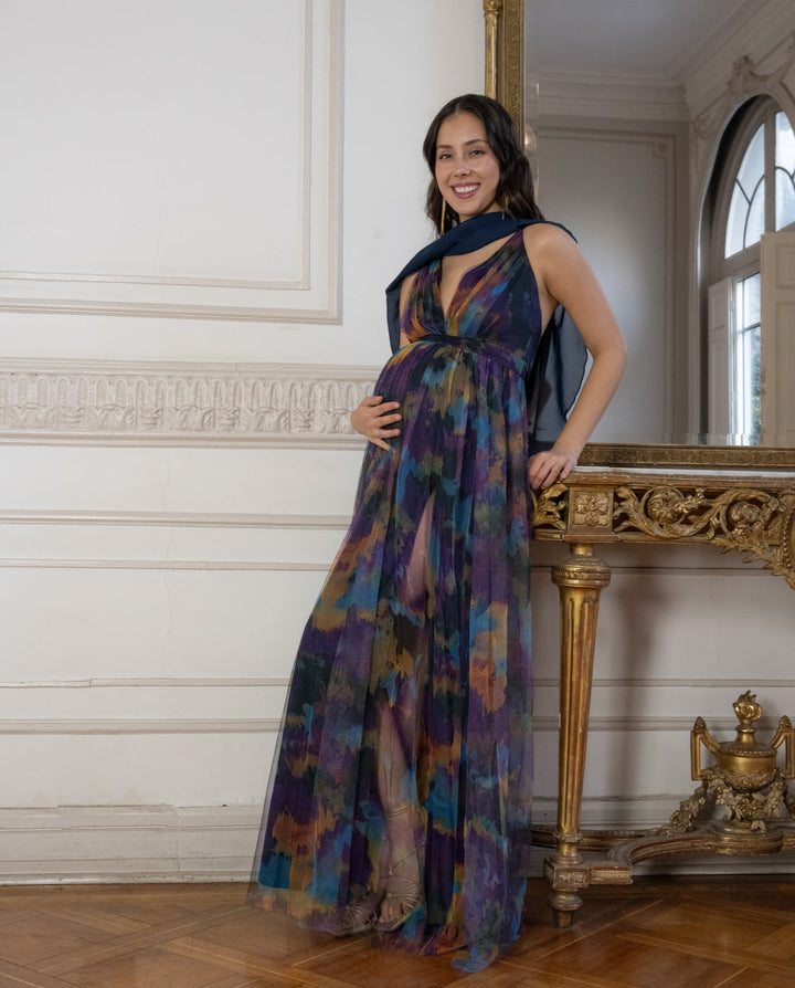 Vestido Laura Tul Escote Medio Fondo Azul