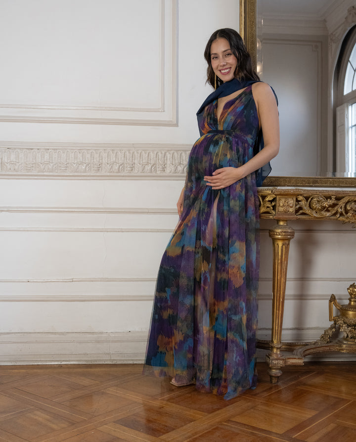 Vestido Laura Tul Escote Medio Fondo Azul