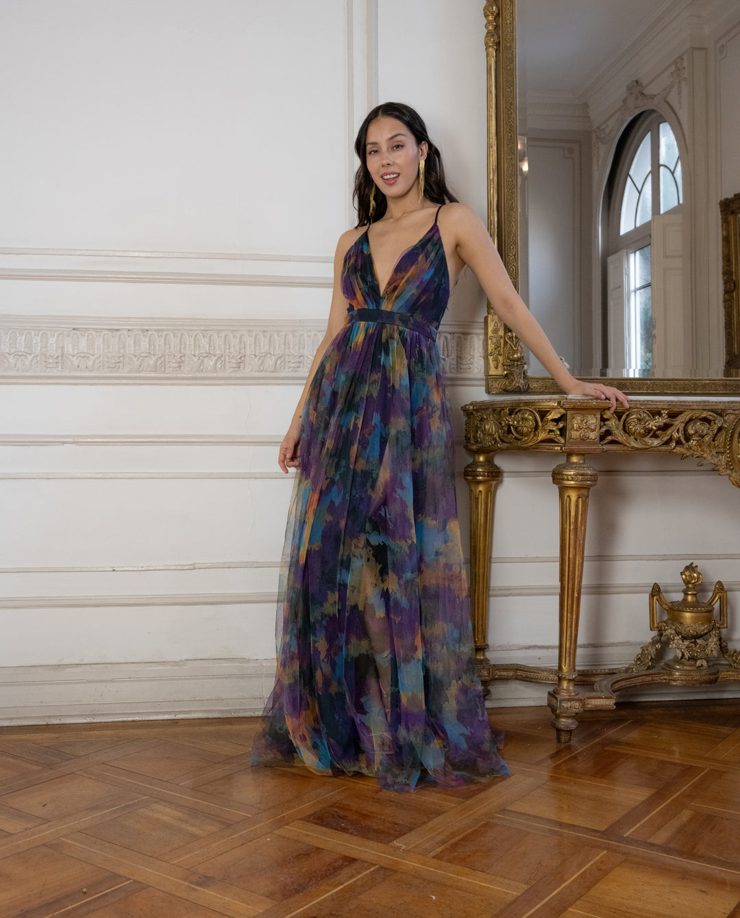 Vestido Laura Tul Escote Medio Fondo Azul