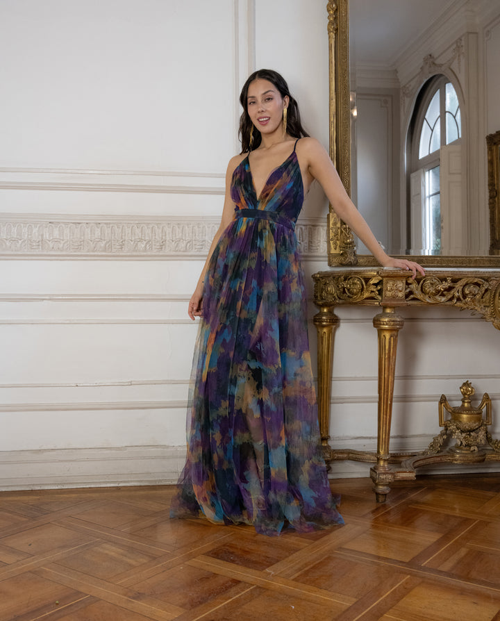 Vestido Laura Tul Escote Medio Fondo Azul
