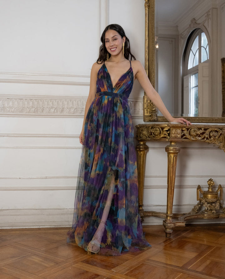 Vestido Laura Tul Escote Medio Fondo Azul