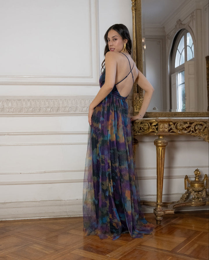 Vestido Laura Tul Escote Medio Fondo Azul