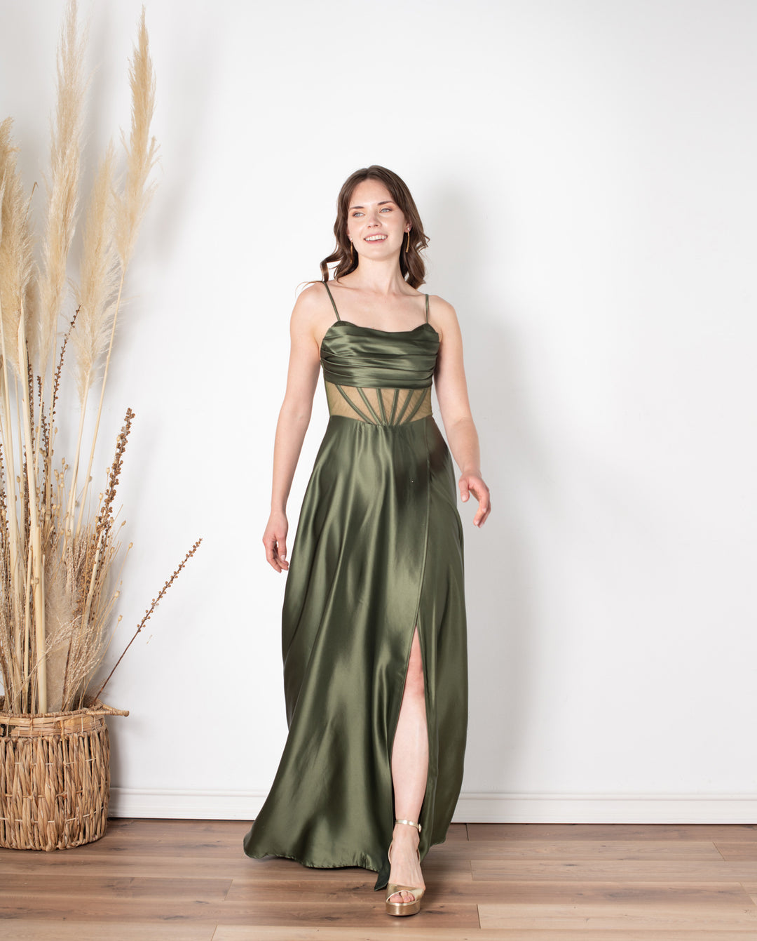 Vestido Largo de Fiesta Karina Corset Verde Olivo