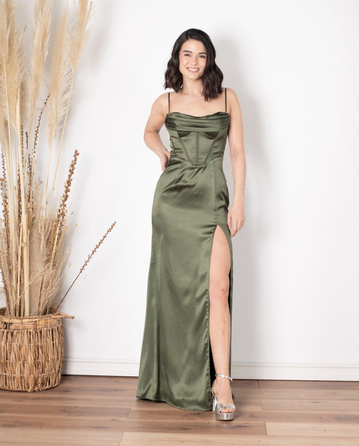 Vestido Largo de Fiesta Corset Verde Olivo