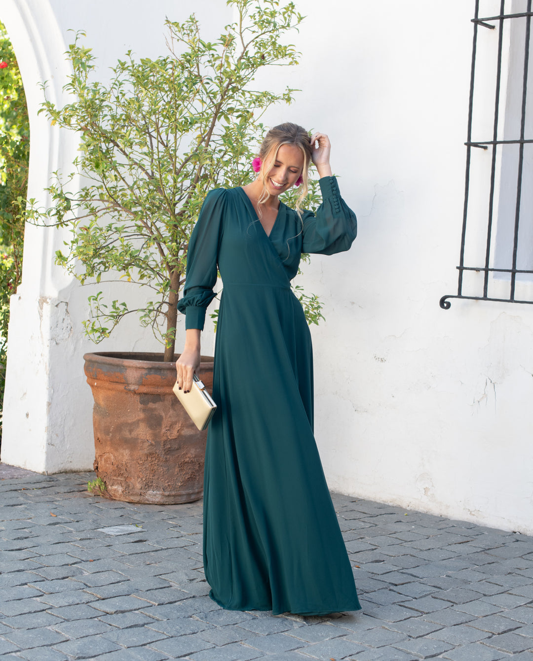 Vestido Largo Jacinta Manga Larga Verde – MI PLACARD