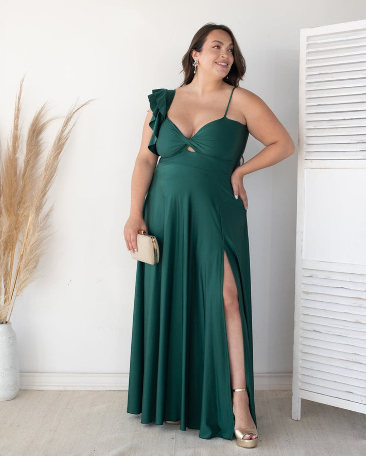 Vestido Largo de Fiesta Sole Un Hombro Verde Oscuro