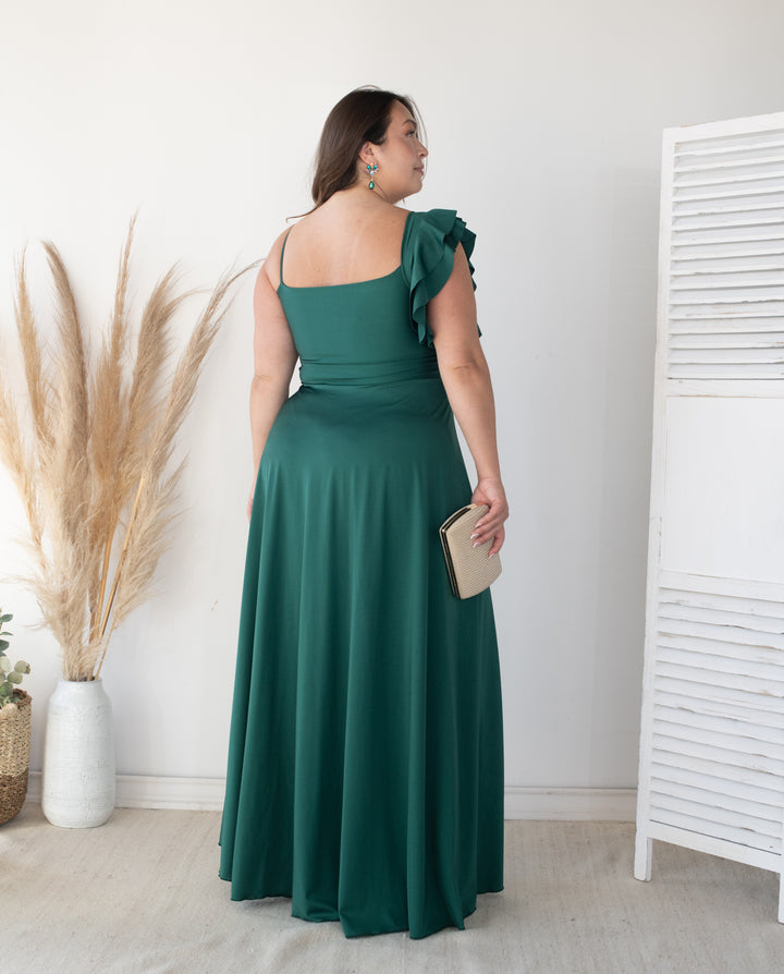 Vestido Largo de Fiesta Sole Un Hombro Verde Oscuro