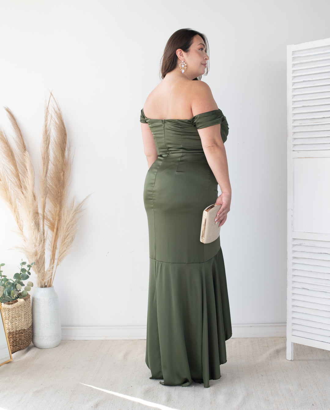 Vestido Largo de Fiesta Ariel Satin Verde Olivo