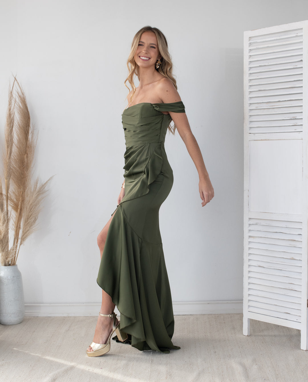 Vestido Largo de Fiesta Ariel Satin Verde Olivo