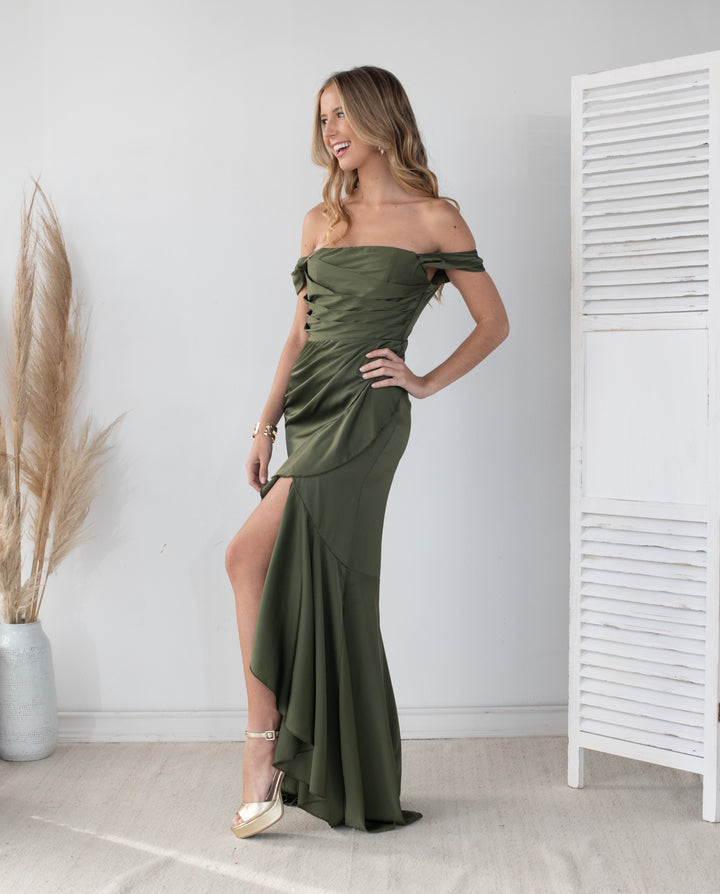 Vestido Largo de Fiesta Ariel Satin Verde Olivo