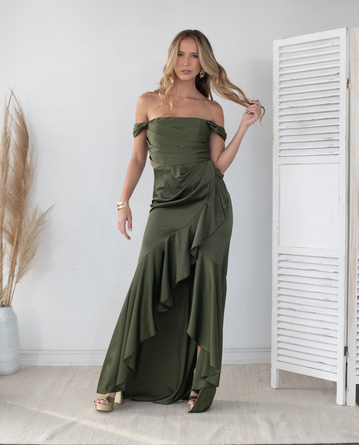 Vestido Largo de Fiesta Ariel Satin Verde Olivo